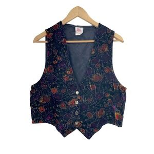 Eber Floral Velvet Vest Size M Black Metallic Whimsygoth 90s Vintage Eclectic